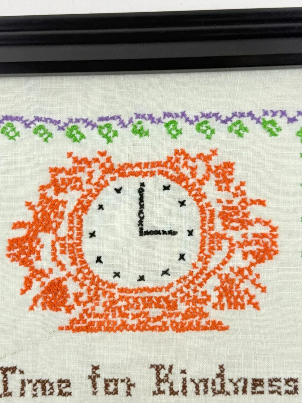 Vintage Handmade Cross Stitch Art Time For Kindness In Wooden Frame 15x12